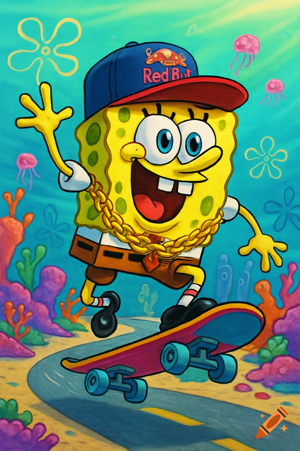 SpongeBob SquarePants wearing a blue Red Bull hat and a gold chain, skateboarding underwater with coral and jellyfish.