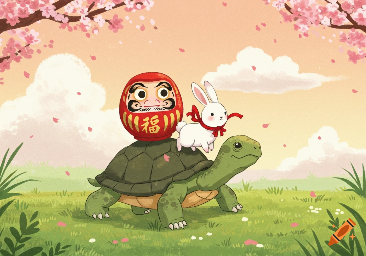 A cartoon turtle with a red Daruma doll and a white rabbit on its back, under cherry blossoms, with petals falling in a whimsical landscape.
