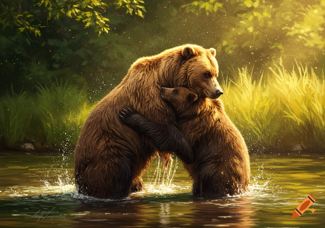 Two brown bears, one adult and one cub, hug affectionately while standing in sunlit water in a lush forest.