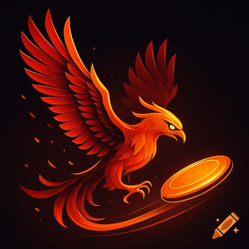 Stylized illustration of a fiery orange phoenix flying down towards a glowing orange frisbee on a dark background.