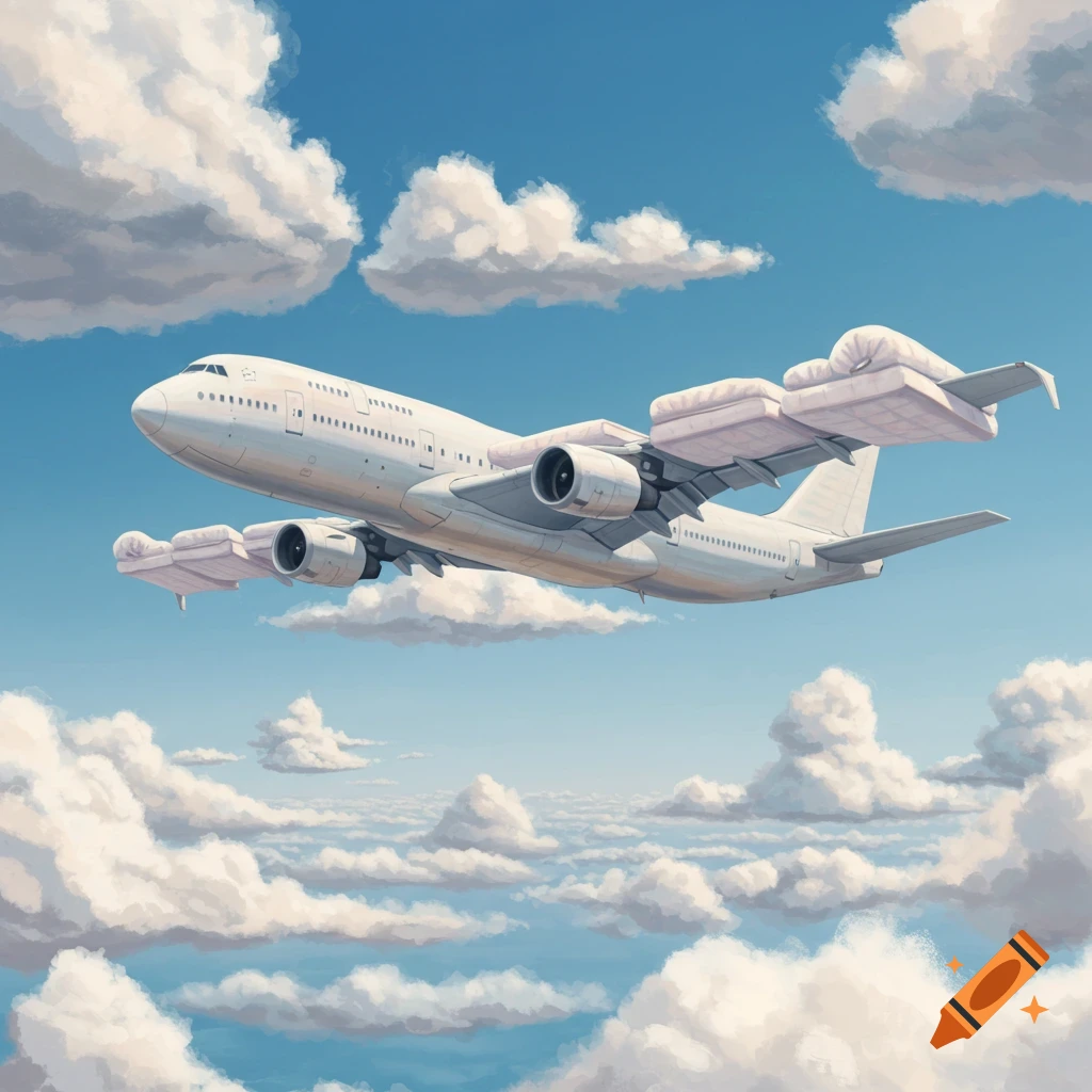 Illustrative painting of a white airplane with mattresses on its wings flying in a blue, cloudy sky.