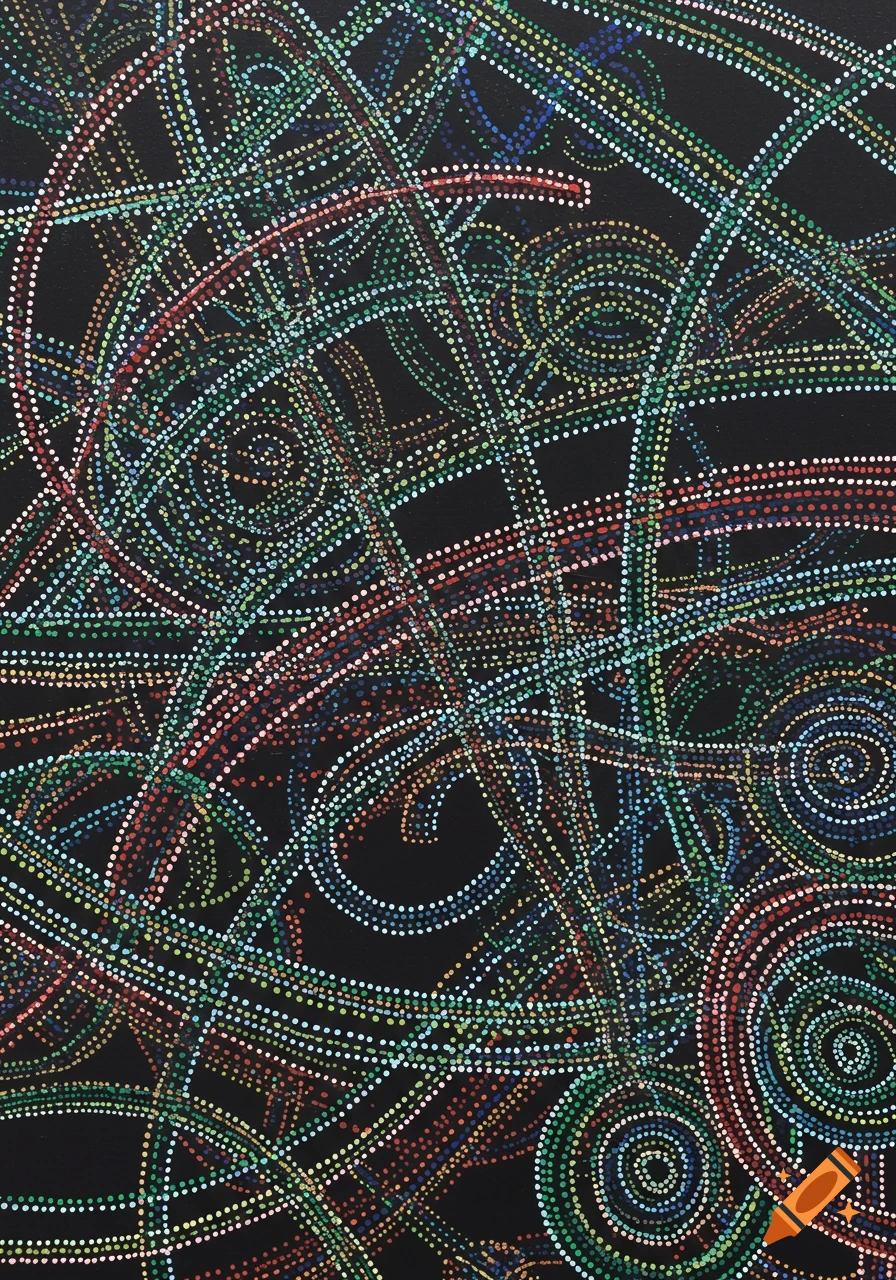 Abstract dot painting featuring intricate, multi-directional lines and spirals in various colors on a black background.