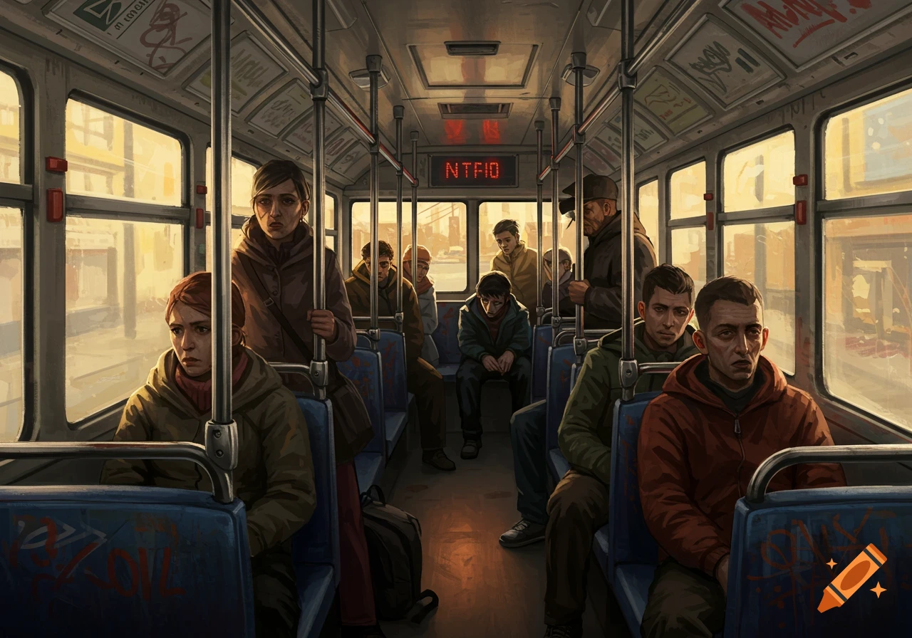 A group of people with somber expressions ride inside a graffiti-covered public bus, illuminated by warm light from the windows, in an illustrative style.