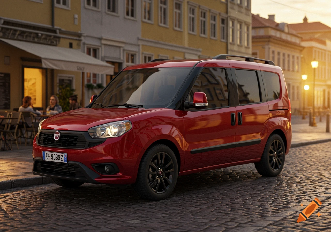 A red Fiat Doblo van is parked on a cobblestone street in a European city at sunset.