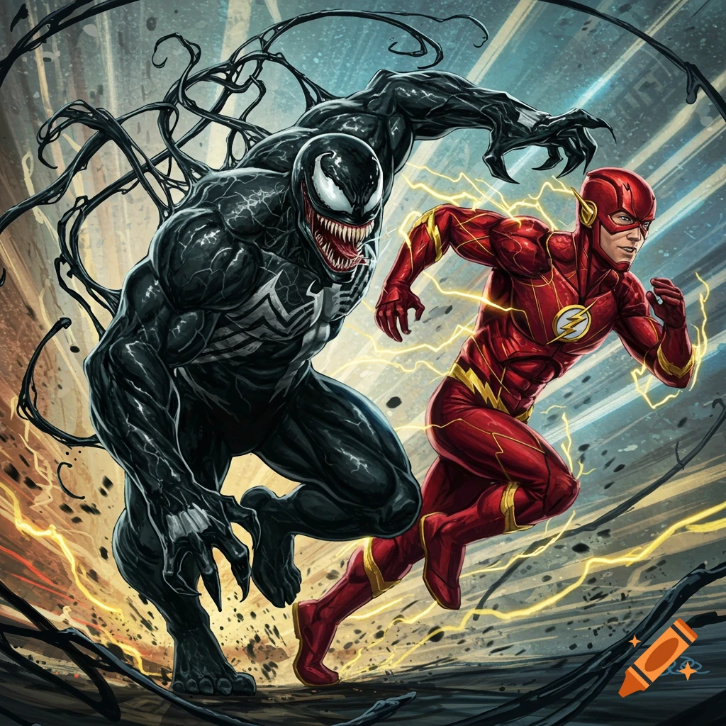 Venom and The Flash racing with lightning effects in a dynamic comic book art style.