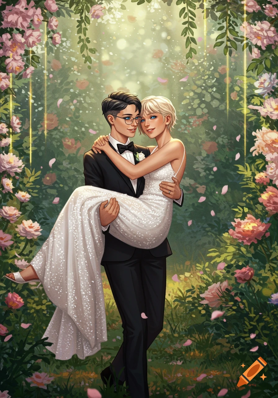 A blonde woman in a wedding dress carries her girlfriend in a tuxedo through a lush rose garden.