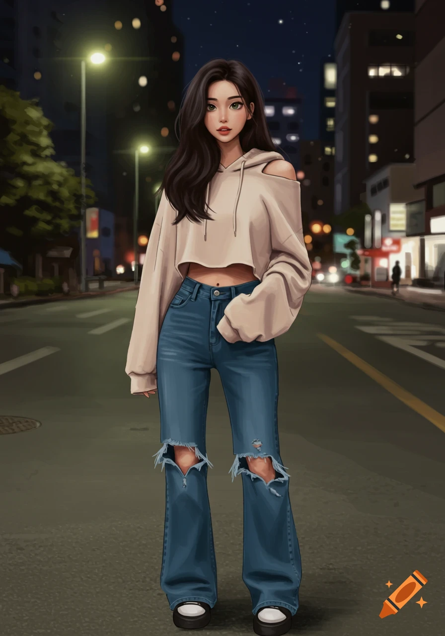 A trendy Korean female in an off-shoulder cropped hoodie and distressed wide-leg jeans stands on an urban street at night, in a stylized illustration.