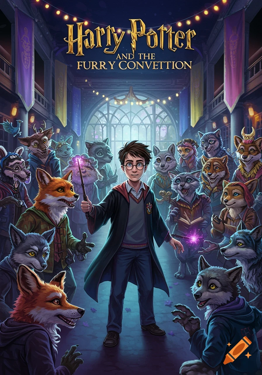 Harry Potter casts a spell, surrounded by diverse anthropomorphic animals in a grand, illuminated hall. Illustrative fantasy art.
