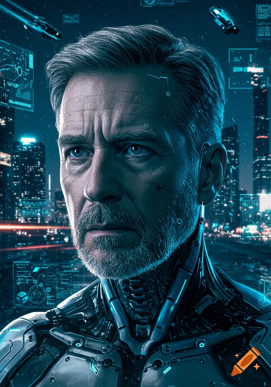 Photorealistic portrait of a worried middle-aged man with cybernetic enhancements, against a futuristic city skyline.