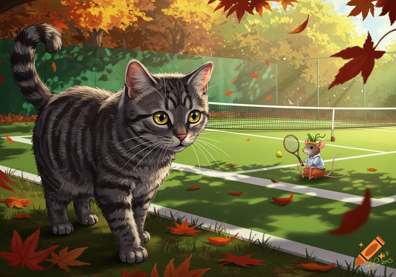A grey tabby cat walks on grass as a mouse in a hoodie holds a tennis racket on a court, surrounded by autumn leaves.