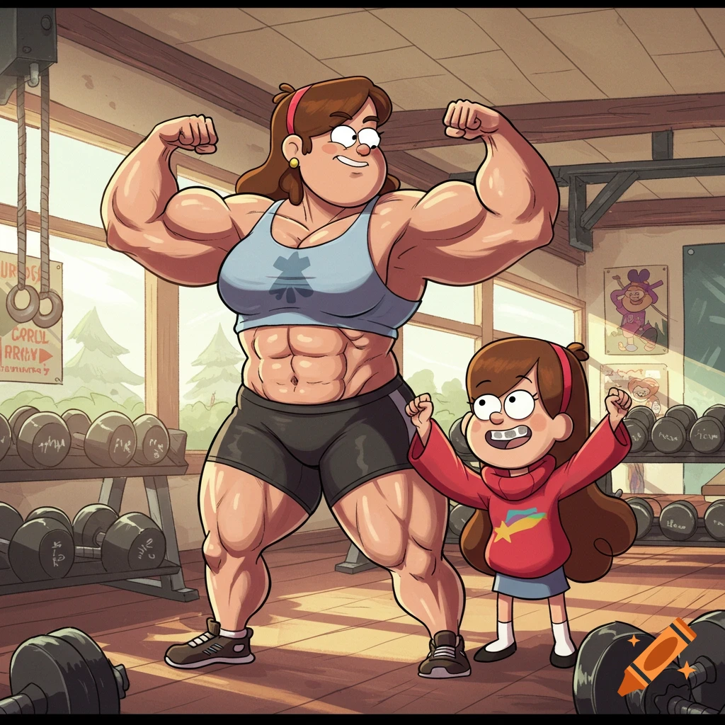 Mabel's incredibly muscular mom flexes her biceps in a gym, with a smiling Mabel next to her also flexing in a cartoon style.
