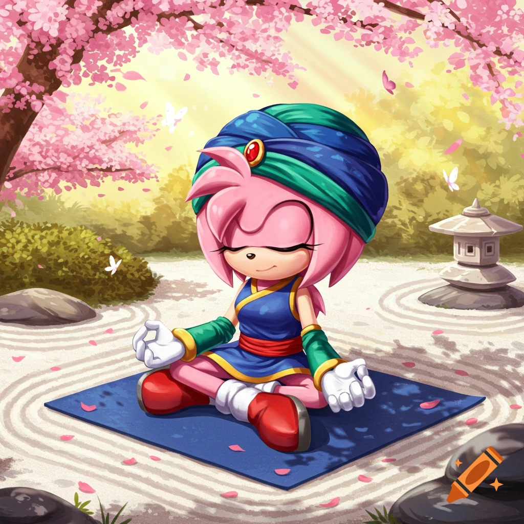 Amy Rose meditates on a blue mat in a zen garden under a cherry blossom tree, wearing a blue and green turban and tunic. Cartoon style.