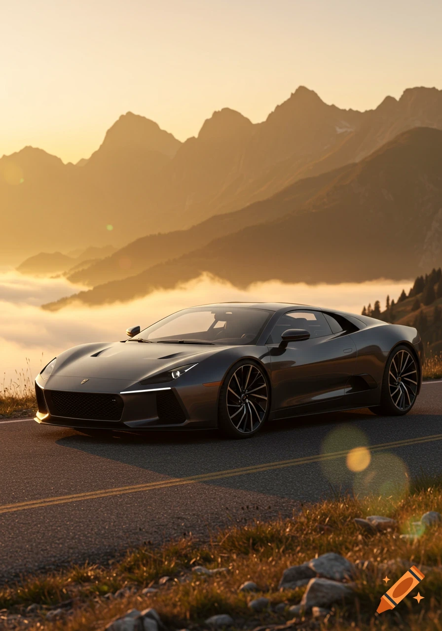A sleek, dark grey sports car sits on a mountain road at sunset, with golden light illuminating hazy peaks and clouds below.