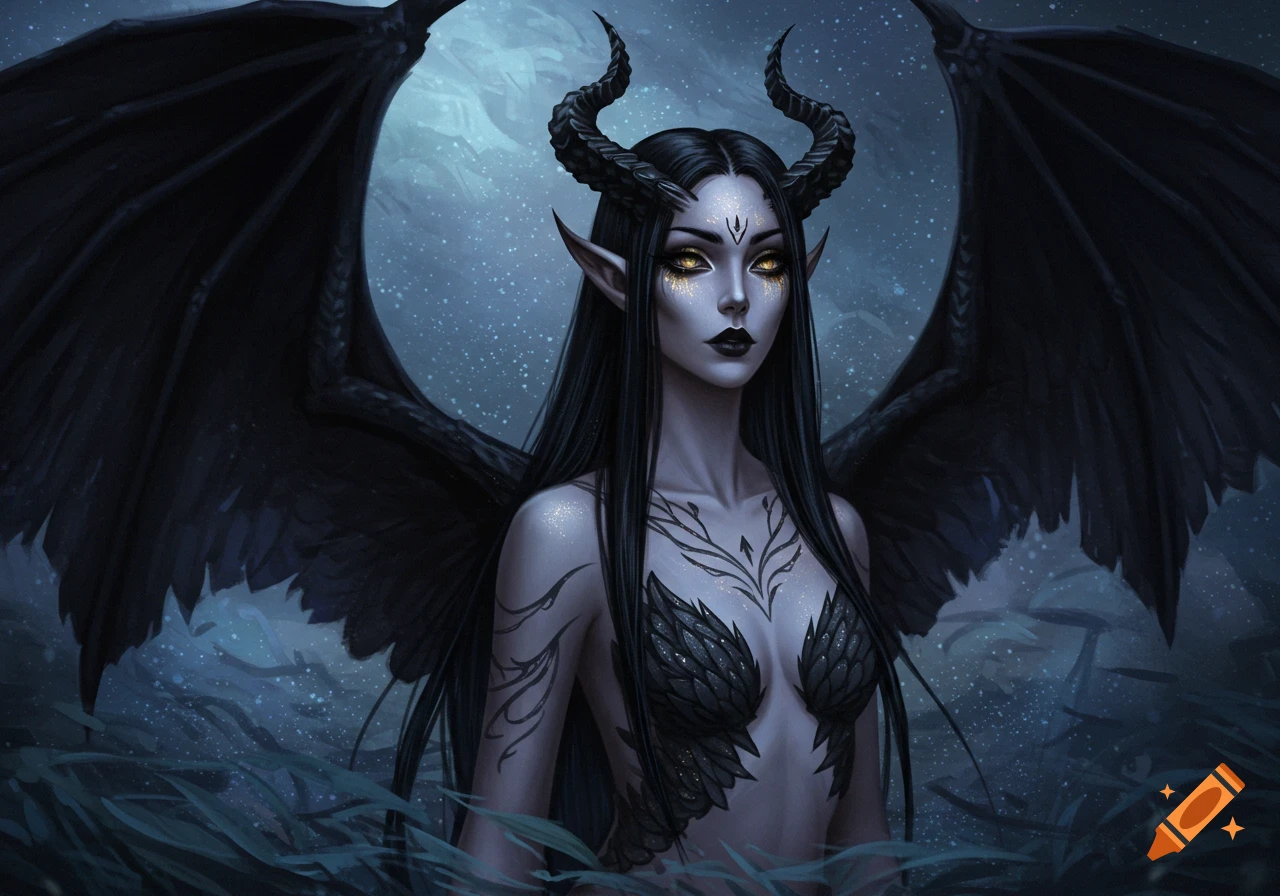 Pale-skinned horned woman with black dragon wings, glowing gold eyes, and tattoos against a dark, starry background, digital painting.