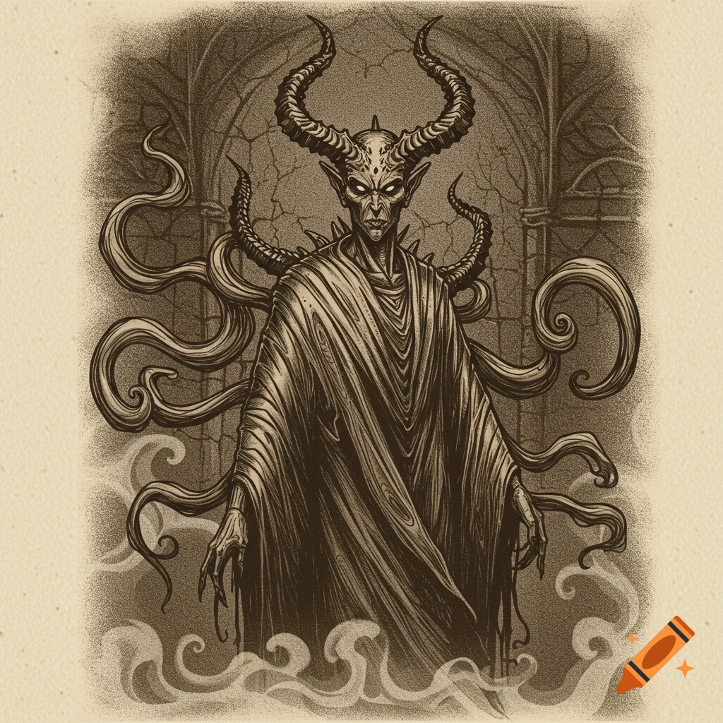 A vintage-style sepia drawing of a horned demon with tentacles and robes, surrounded by smoke in a gothic setting.