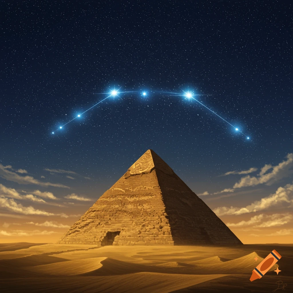 A stylized image of a large pyramid in a desert at night, under a starry sky with a glowing constellation arc.