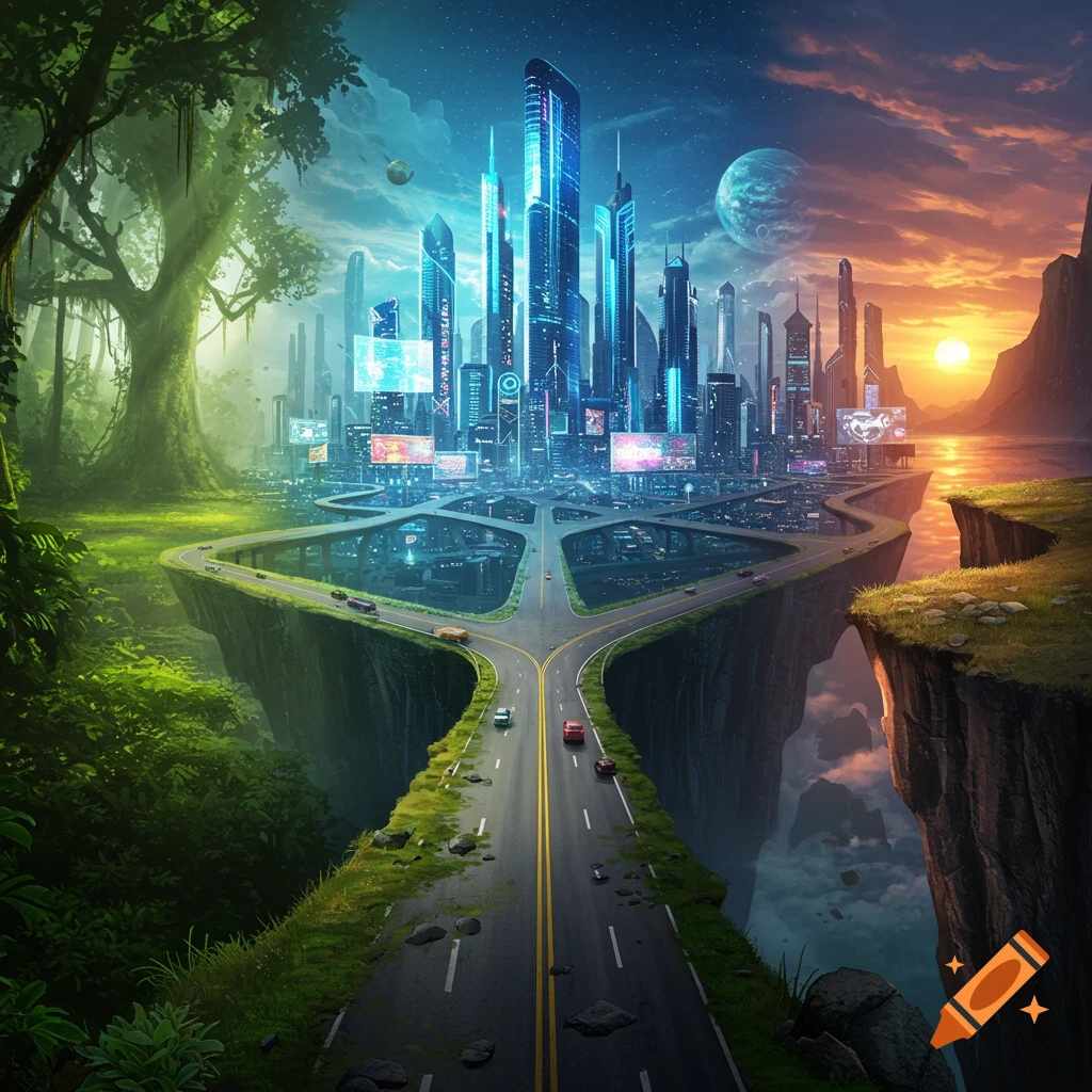 A road splits to a lush jungle, a glowing futuristic city with sky bridges, and a cliff overlooking a sunset and planet.