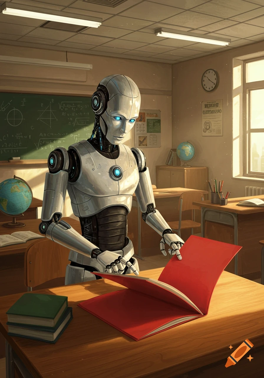 A sophisticated white robot with blue eyes looks at an open red binder on a wooden desk in a sunny classroom.