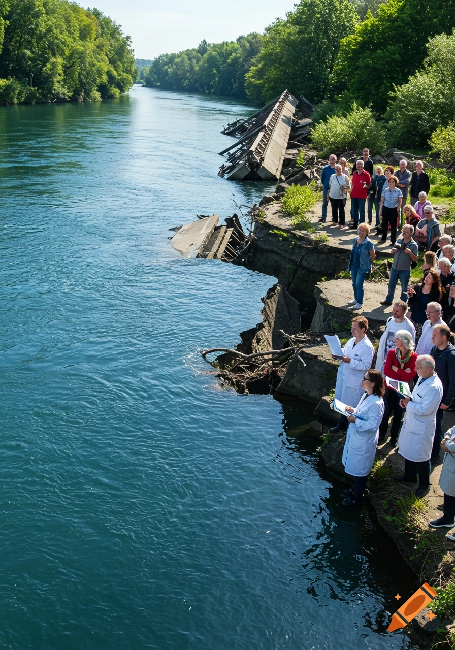 A large group of people, including scientists in white coats, gather on a river bank next to a severely damaged and collapsed bridge structure, observing the scene.