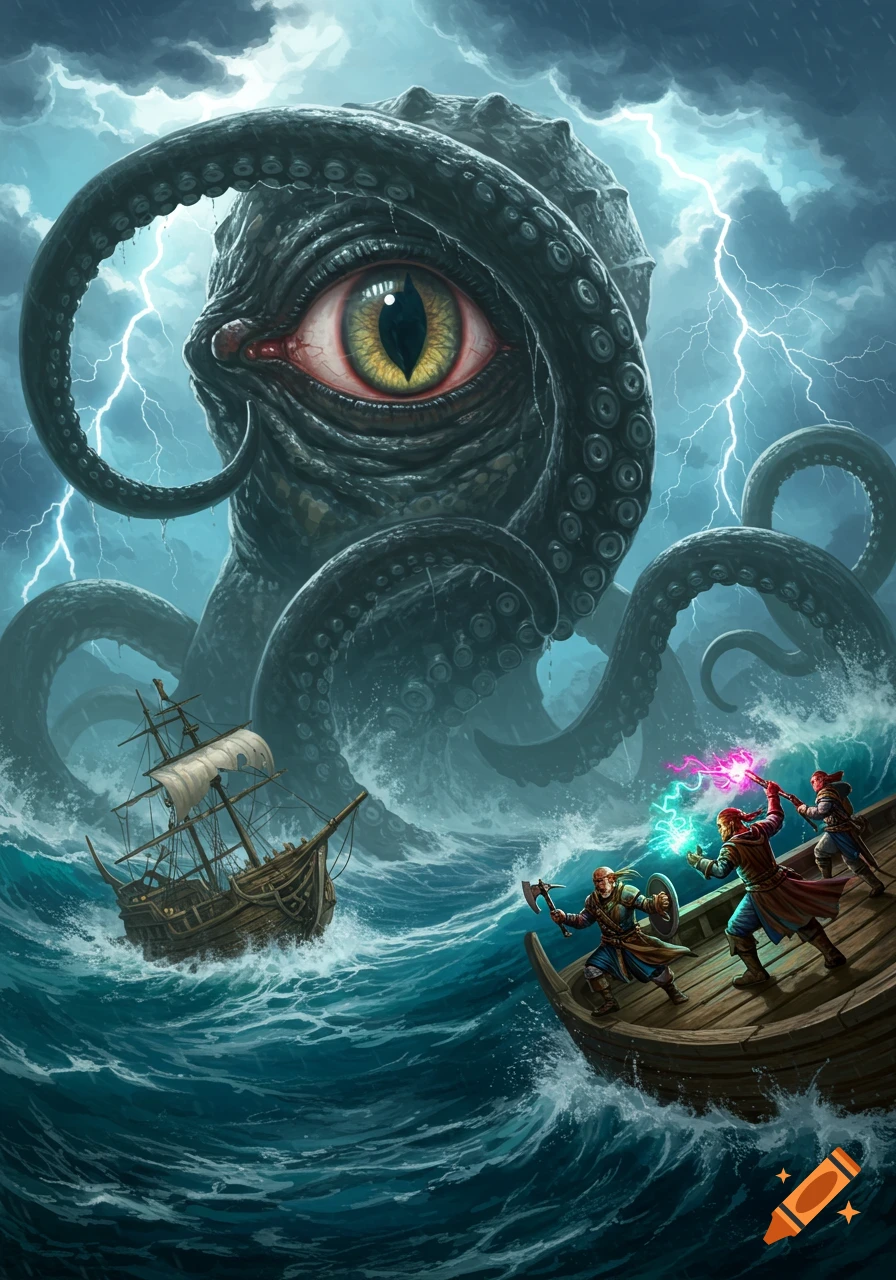 A giant one-eyed kraken battles pirate ships and D&D characters on a stormy sea with lightning, fantasy art style.