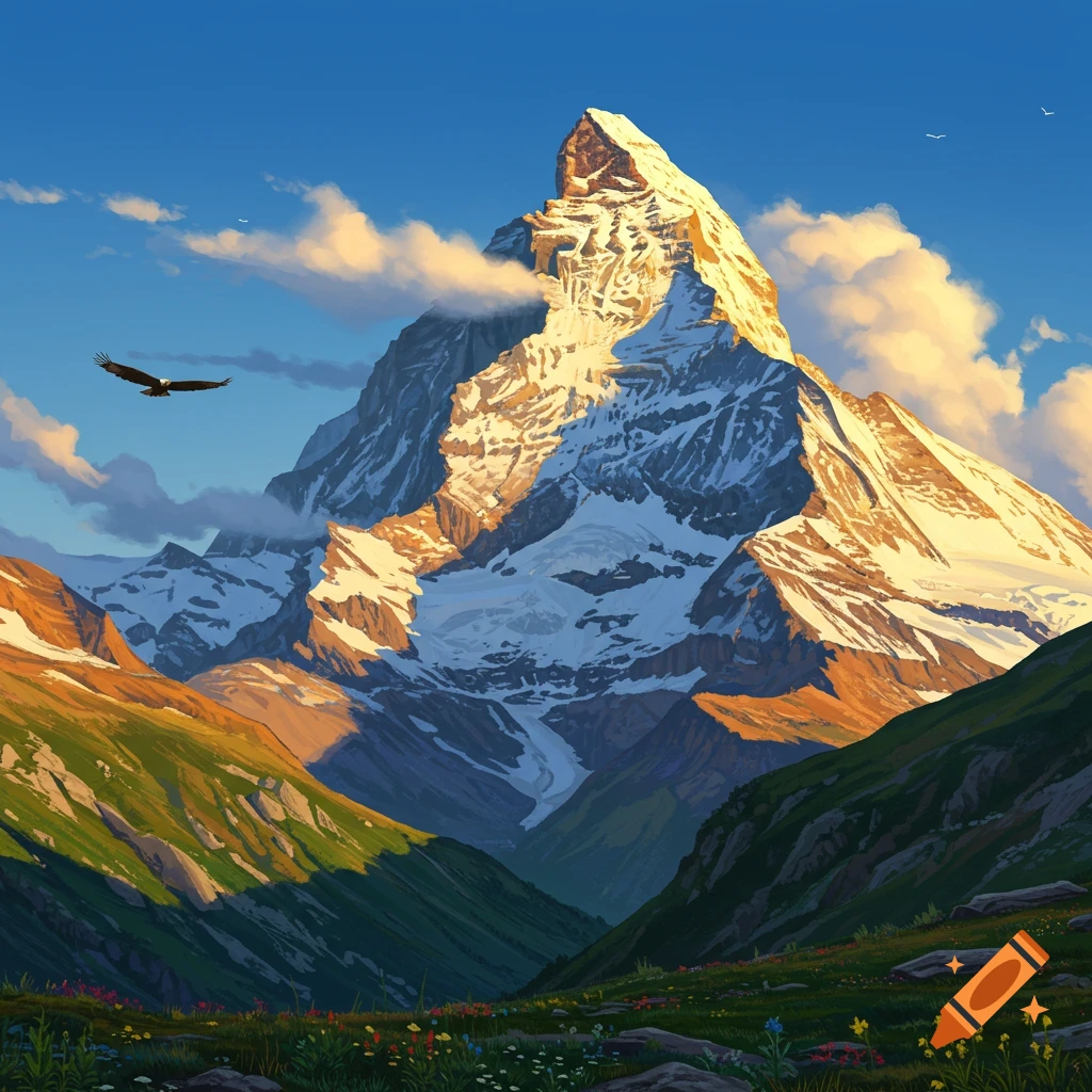 A majestic snow-capped mountain bathed in golden sunlight, with an eagle soaring over a lush green valley filled with wildflowers under a clear blue sky.