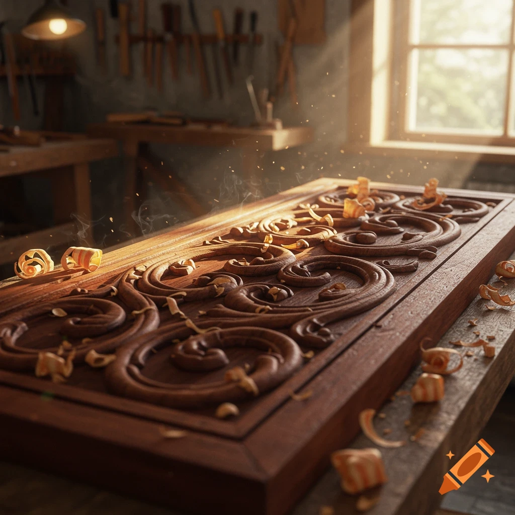 A beautifully carved wooden panel with intricate patterns, surrounded by wood shavings and dust in a sunlit workshop, photorealistic.