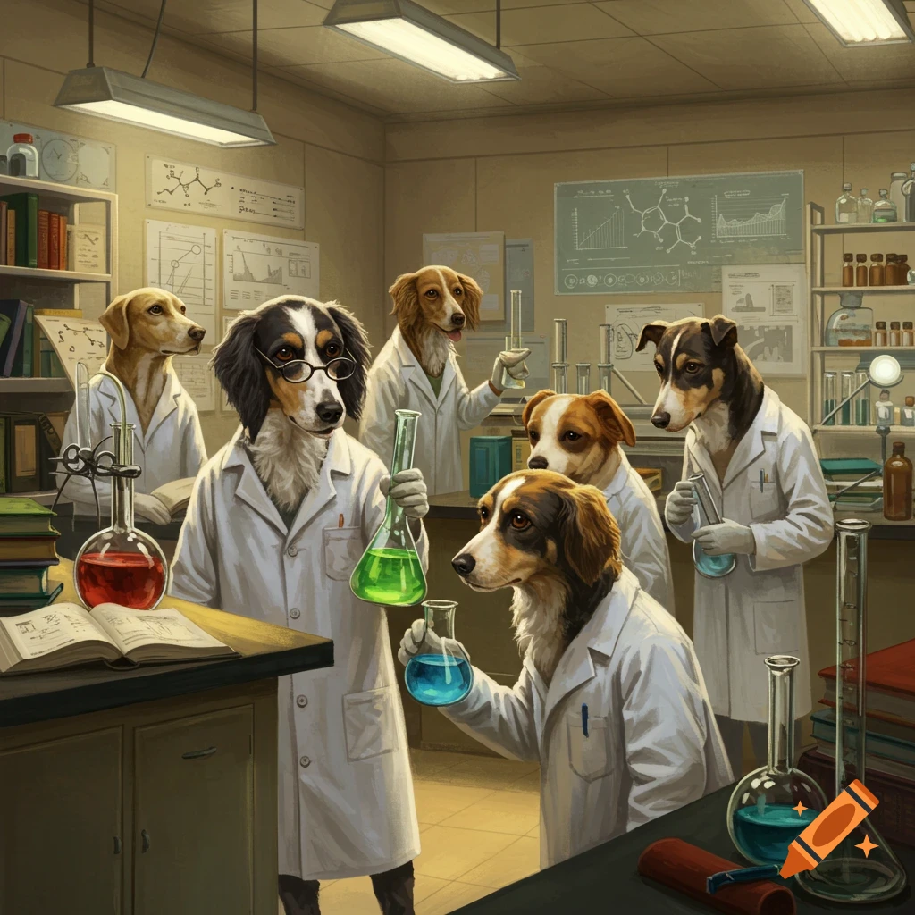 Anthropomorphic dogs in lab coats conduct experiments in a chemistry laboratory, holding beakers with colorful liquids.