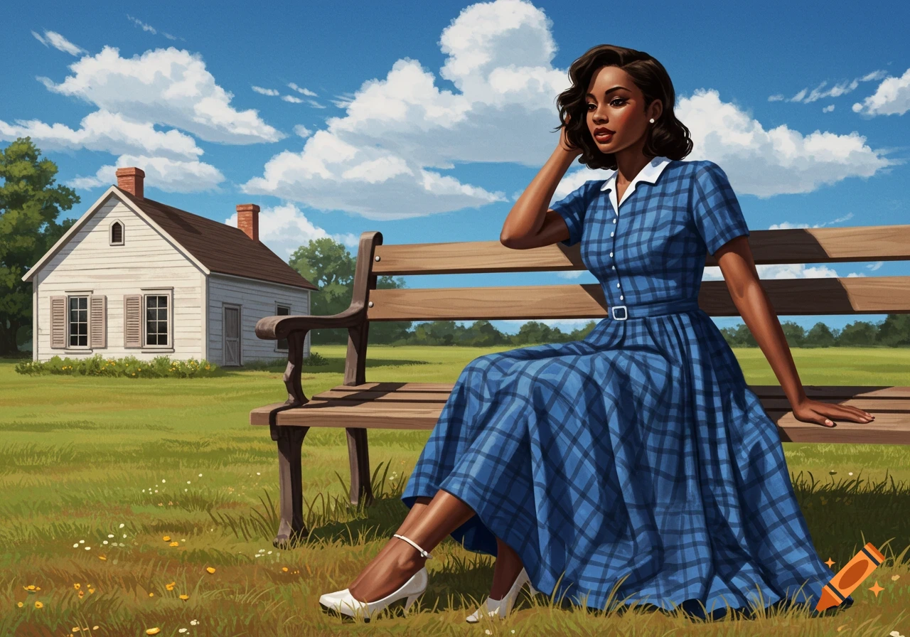 An illustration of a beautiful Black woman in a blue plaid dress sitting on a wooden bench in front of a white house under a sunny, cloudy sky.