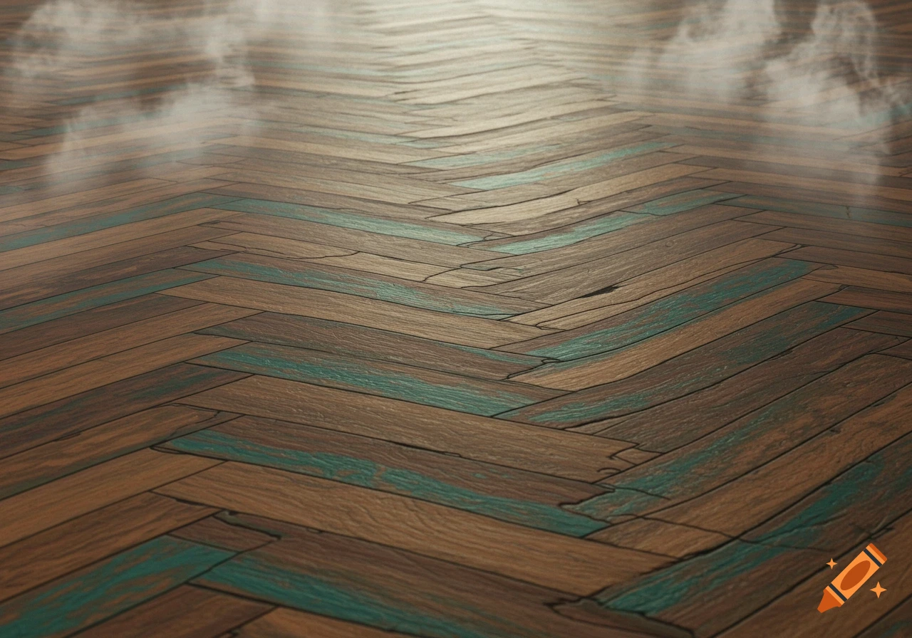 A surreal, warped wooden floor with a herringbone pattern, featuring brown and teal planks, and wisps of fog.