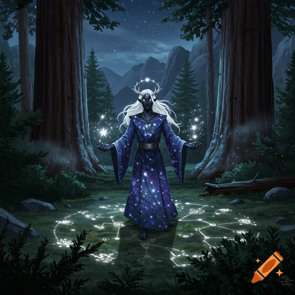A dark-skinned, white-haired fantasy druid in a starry robe casts magic in a moonlit forest with glowing constellations.