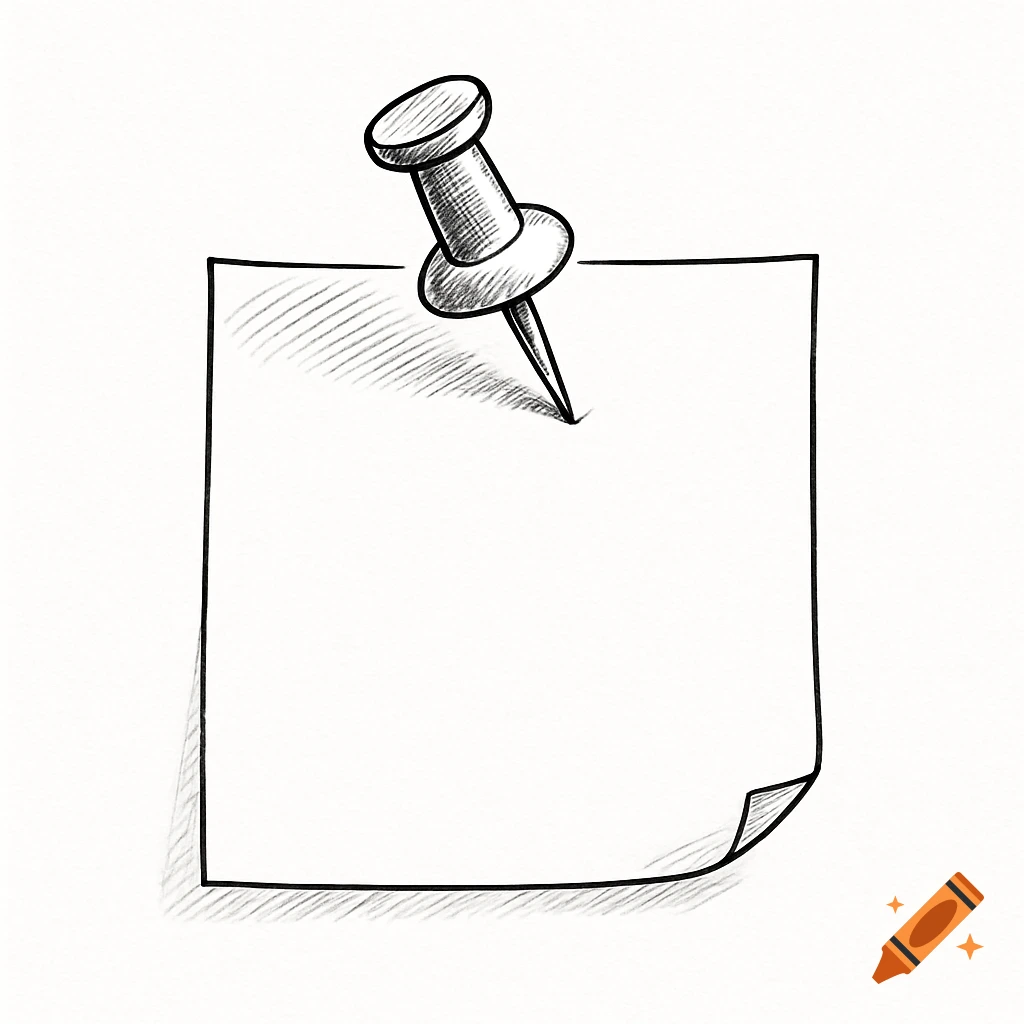 A black and white sketch illustration of a pushpin pinning a blank square piece of paper to a surface.