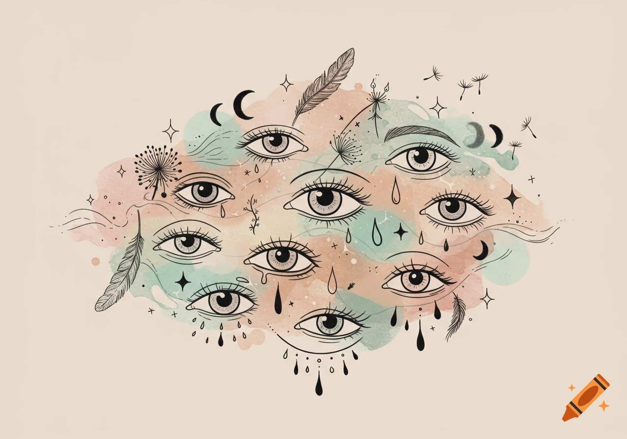 Surreal illustration of multiple stylized floating eyes with feathers, crescent moons, stars, and ink drops on a muted watercolor background.