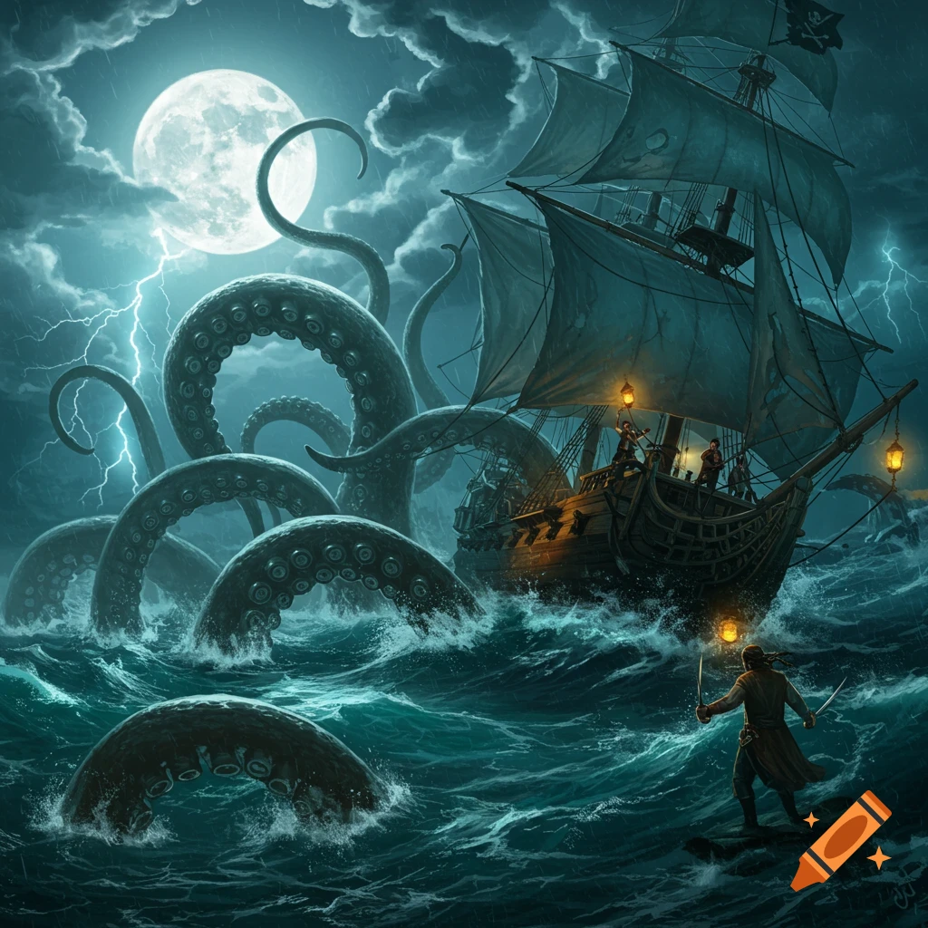 A kraken's tentacles attack a pirate ship on stormy seas under a full moon with lightning.