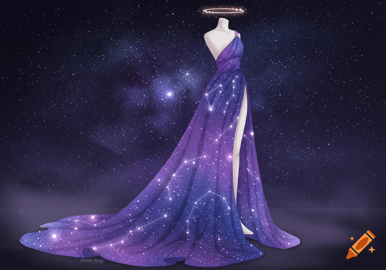 A purple one-shoulder gown with white star and constellation patterns on a mannequin, with a halo, against a dark starry sky.