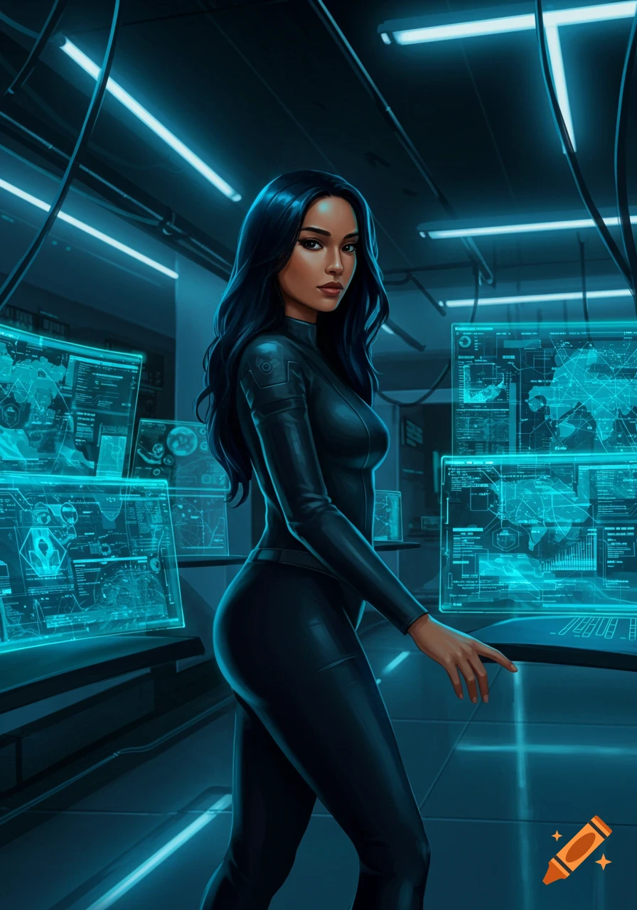 A dark-haired woman in a black suit stands in a futuristic cybersecurity control room with glowing blue screens, digital art style.