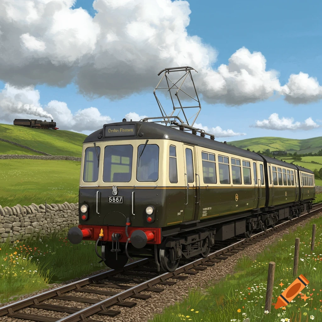 A dark green and cream British railcar on tracks in a green, hilly landscape with a stone wall under a blue sky. Another train is on a distant hill.