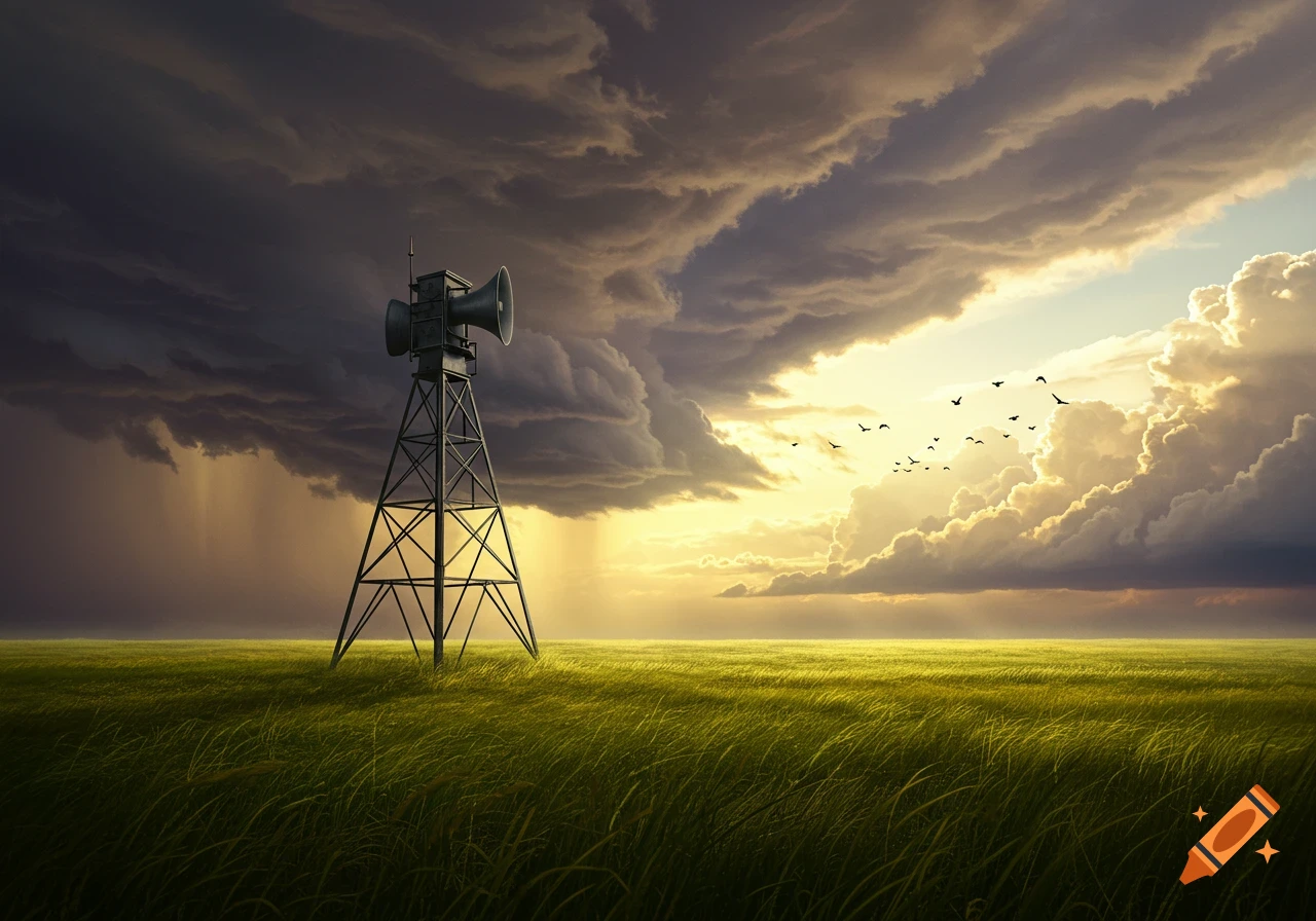 A tall tornado siren stands in a vast grassy field under a dramatic stormy sky with sunlight breaking through, and a flock of birds flying.
