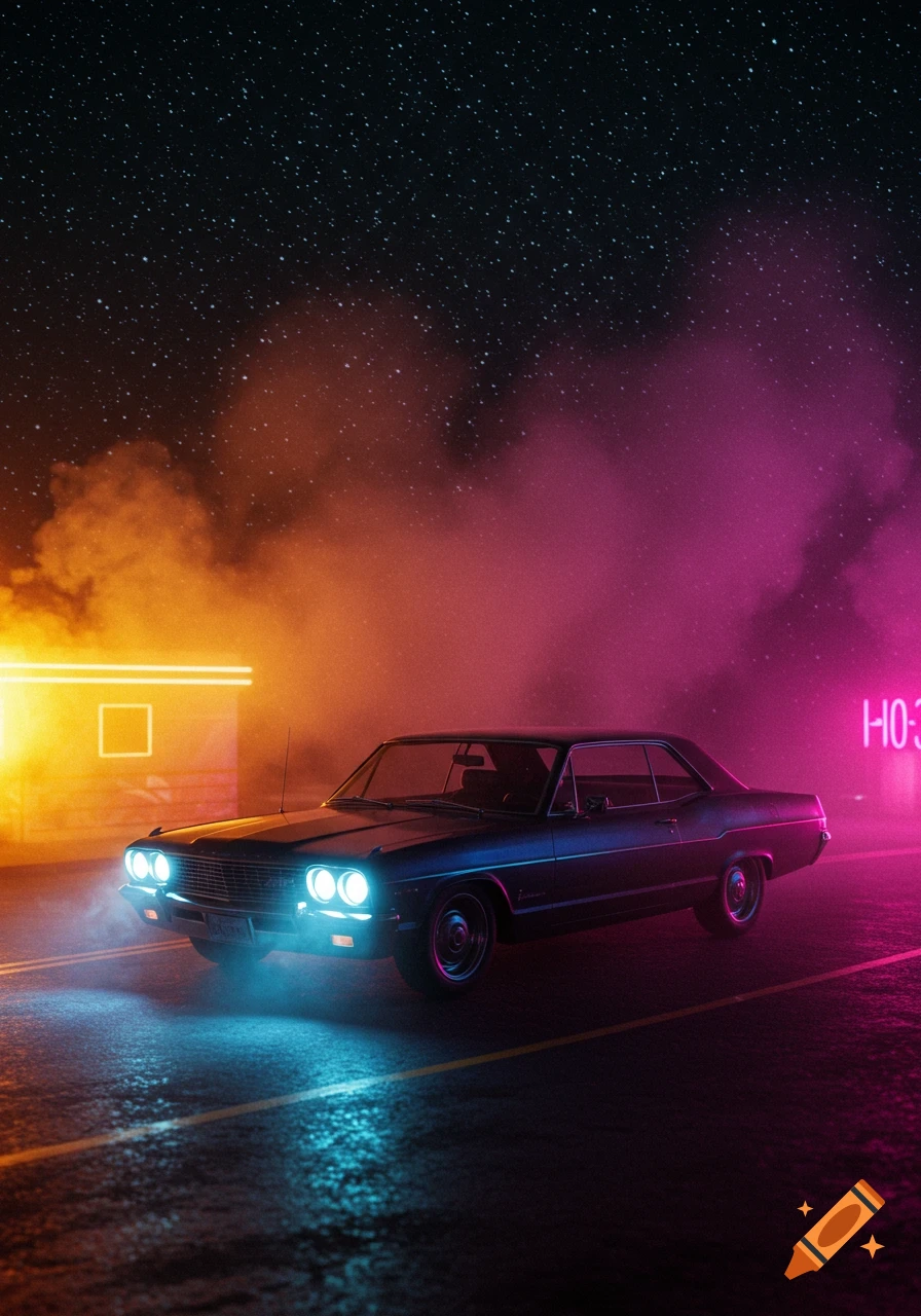 A classic car at night under a starry sky, illuminated by vibrant neon pink and orange lights and smoke.
