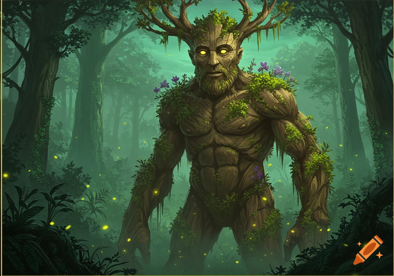 A detailed fantasy illustration of a large, muscular tree creature with glowing yellow eyes and antlers, standing in a misty forest filled with glowing specks.