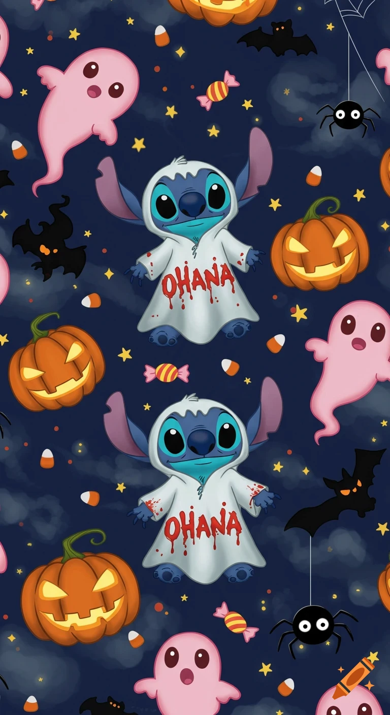 Halloween pattern with Stitch in a ghost costume, 'OHANA' text, jack-o'-lanterns, pink ghosts, bats, spiders, and candy corn on a dark blue background.