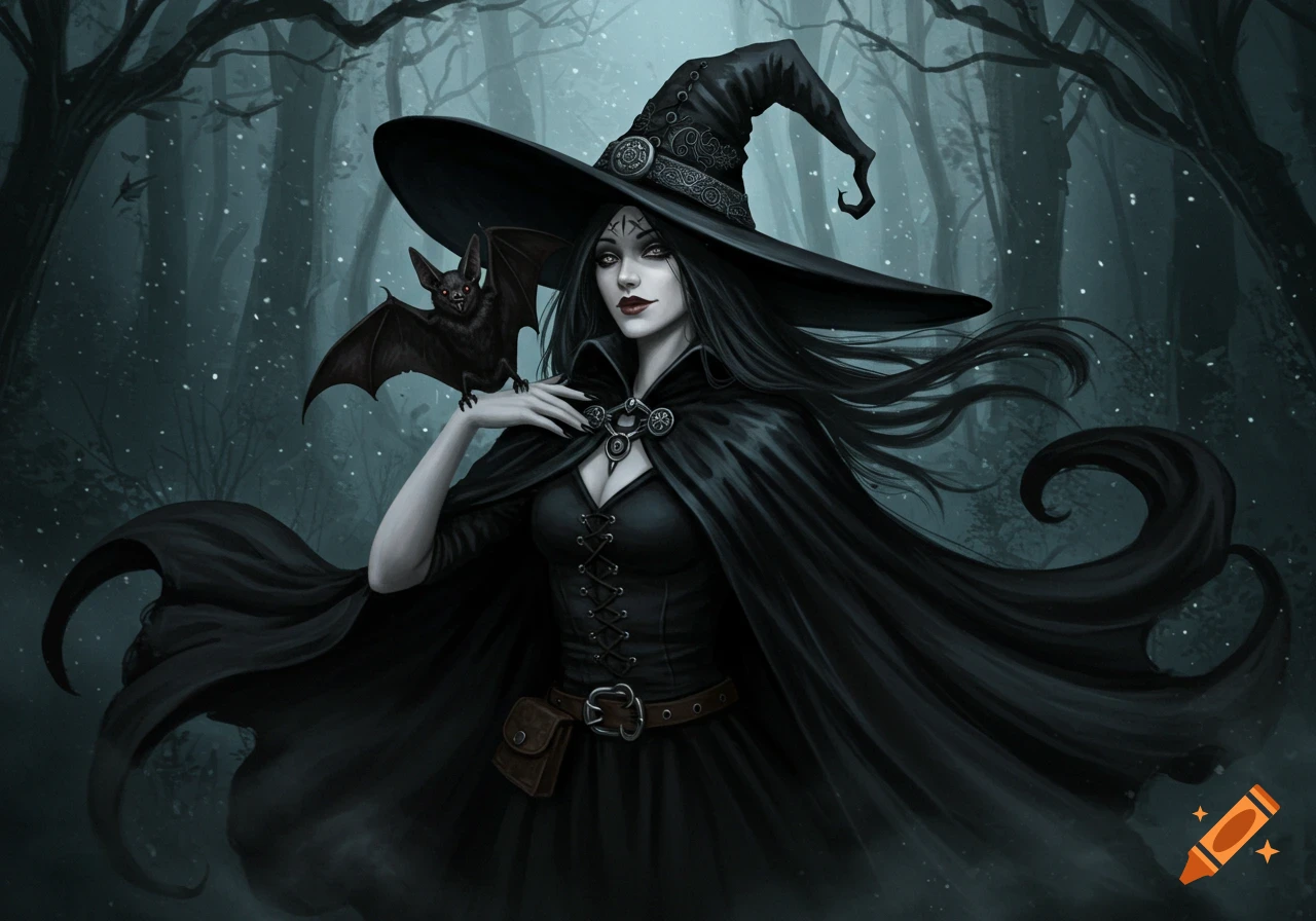 A dark gothic witch with long black hair and a pointed hat stands in a mystical forest, a bat perched on her hand.