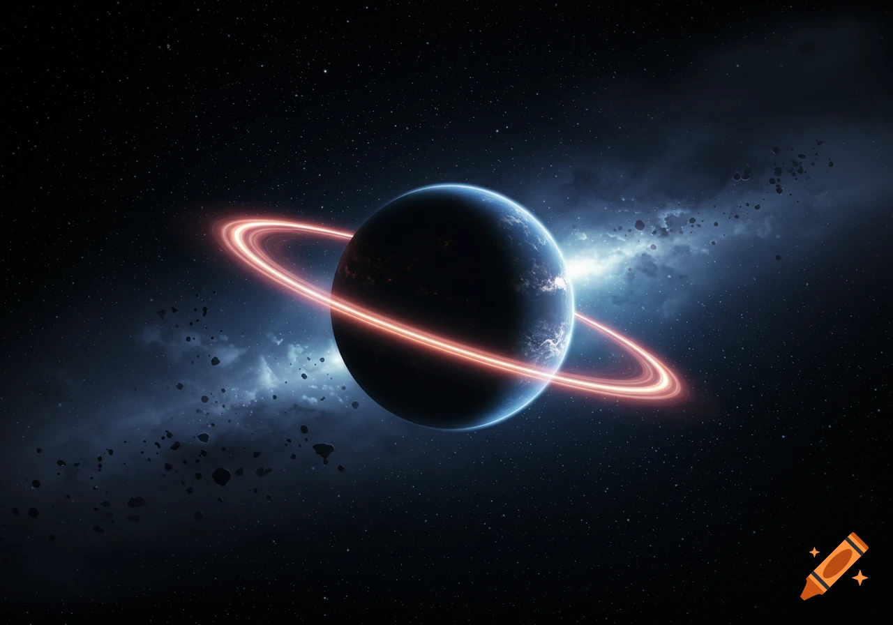 A stylized dark blue planet with a glowing orange ring, surrounded by asteroids and a blue nebula in a star-filled space.