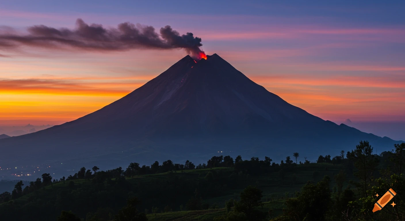 A photorealistic image of an erupting volcano silhouetted against a vibrant sunset sky with smoke and glowing lava.