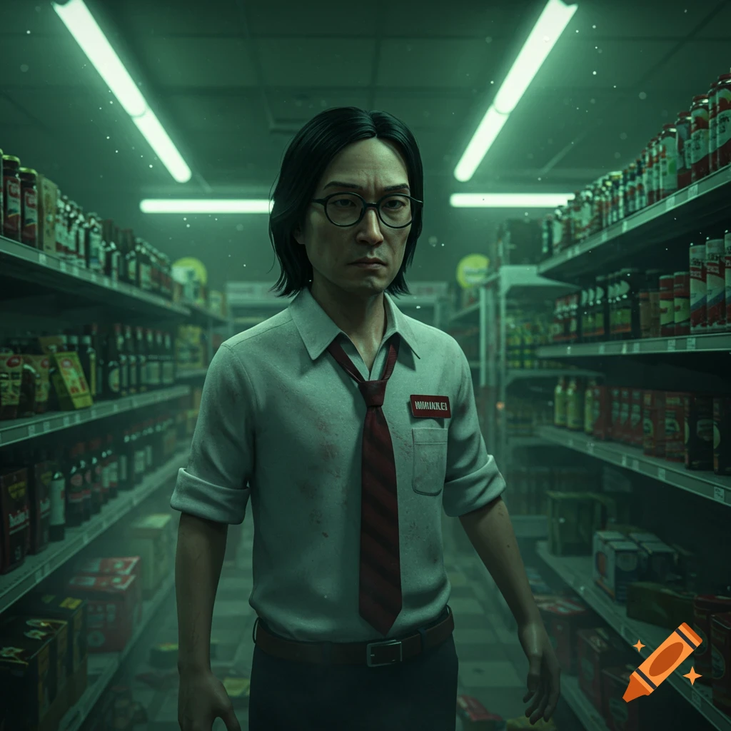 A serious-looking Asian man in glasses, white shirt, and red tie stands in a dimly lit supermarket aisle, in a 3D video game horror style.