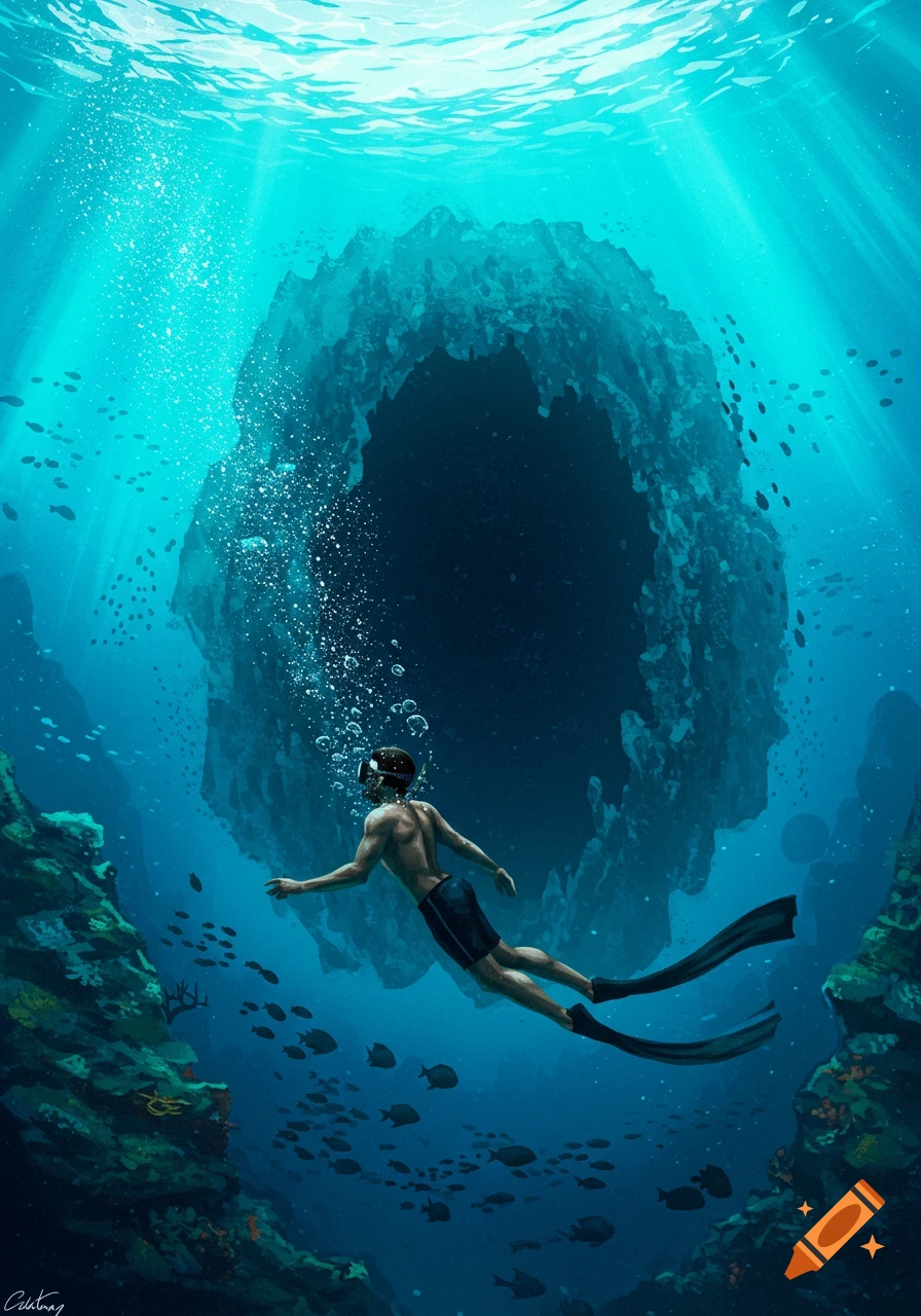 A muscular male free diver swims towards a dark underwater cave, surrounded by schools of fish and coral, with sunrays piercing the surface.