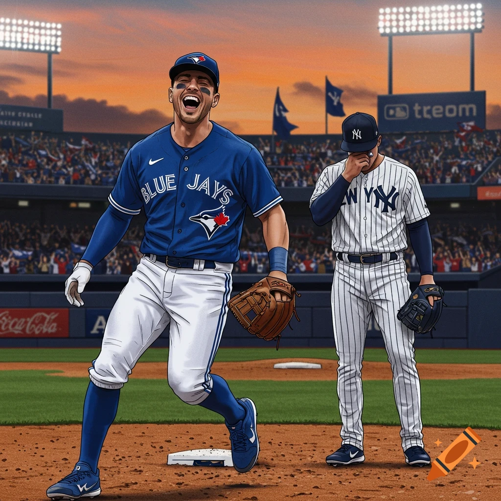 Cartoon illustration of a Toronto Blue Jays player laughing at a dejected New York Yankees player on a baseball field.