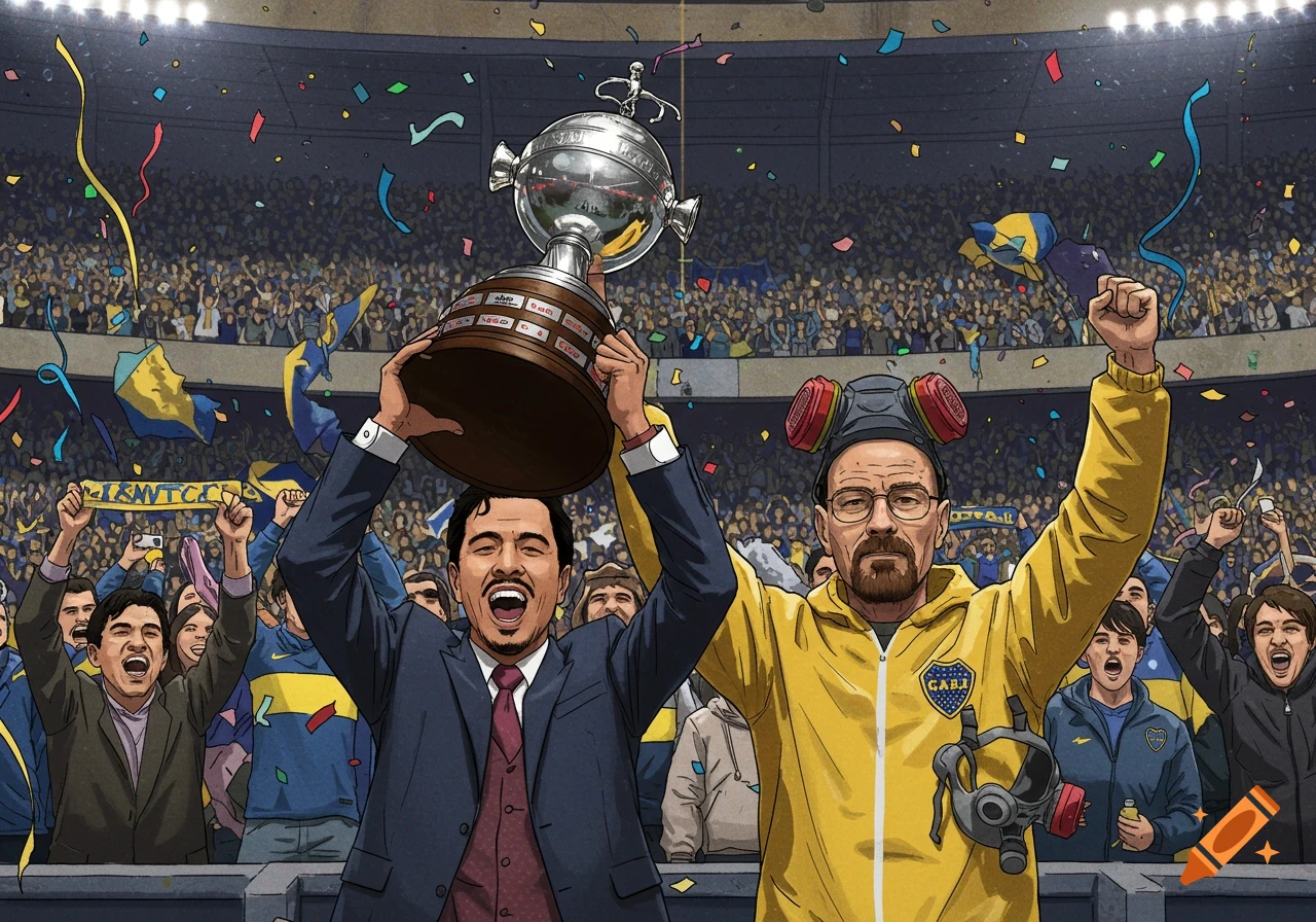 Cartoon image of Walter White and another man, both cheering and raising their fists, with Walter White holding a Libertadores Cup, in a packed stadium with confetti falling. Walter White wears a yellow hazmat suit and a gas mask on his head, with another mask hanging on his suit.