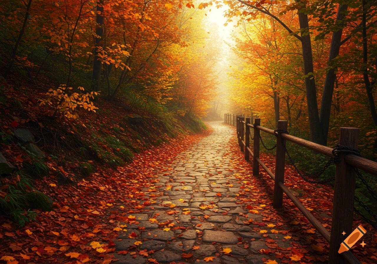 A stone path winds through a misty autumn forest, lined with fallen orange and yellow leaves and a wooden fence.