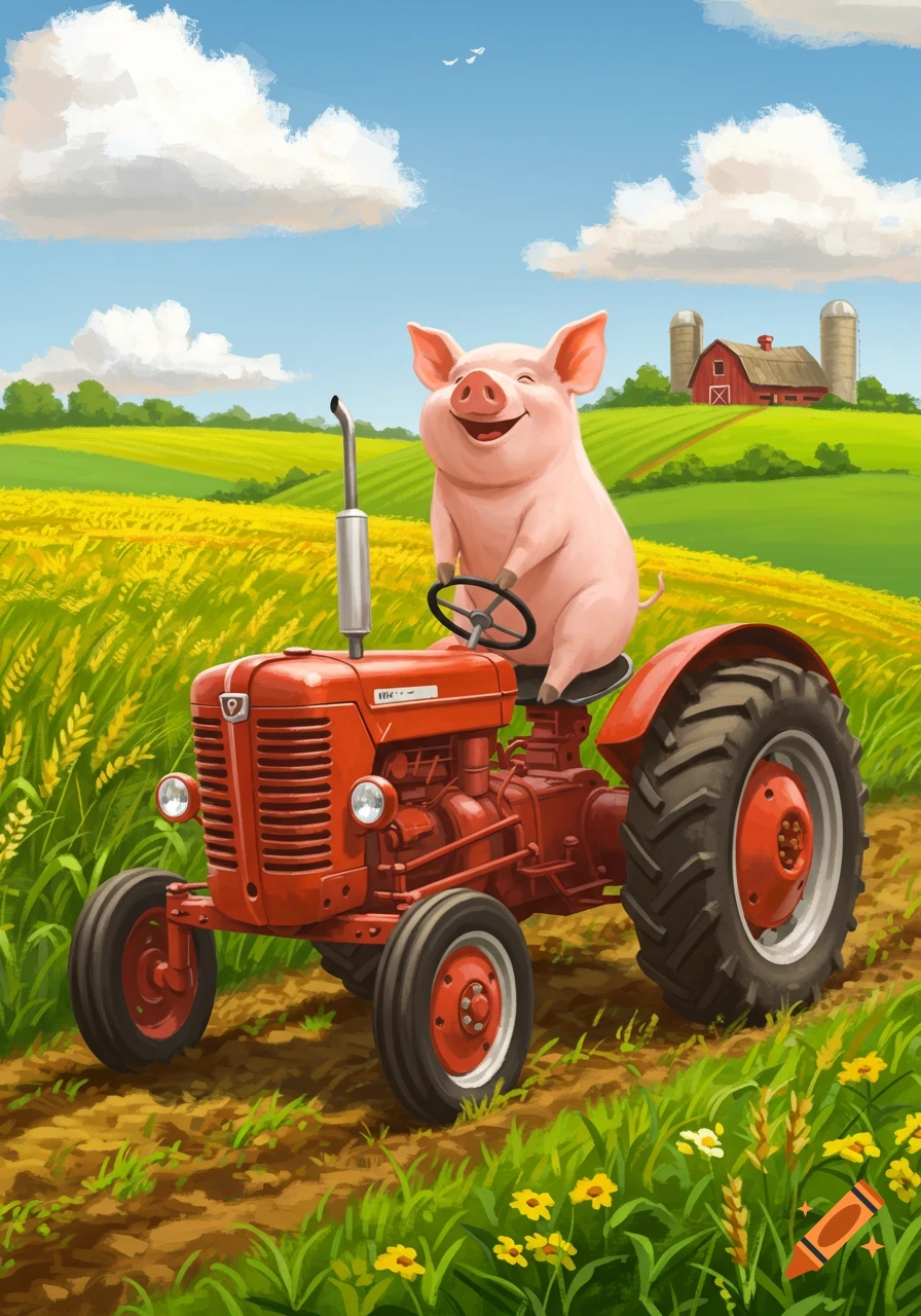 A happy cartoon pig drives a red tractor through a sunny field of yellow crops with a red barn in the background.