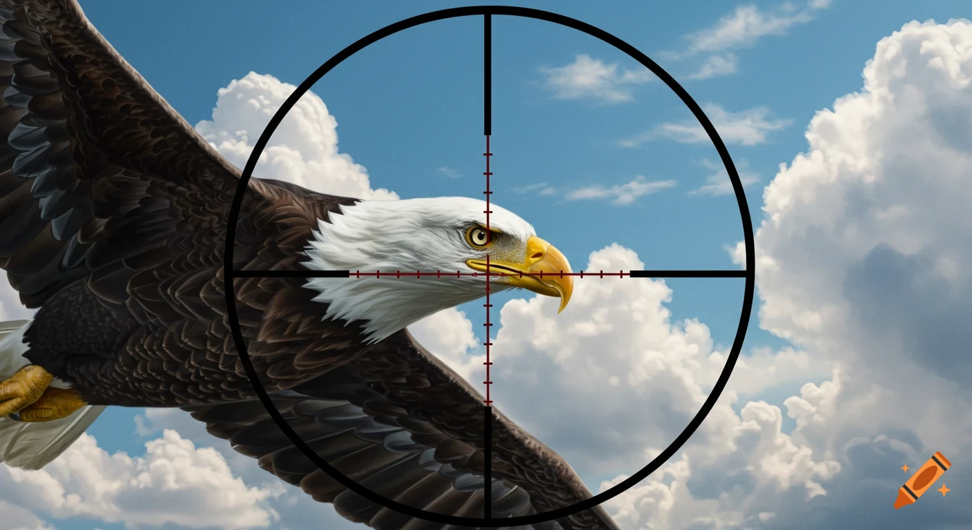 A majestic bald eagle soars against a partly cloudy blue sky, viewed through the crosshairs of a sniper scope aimed at its head.